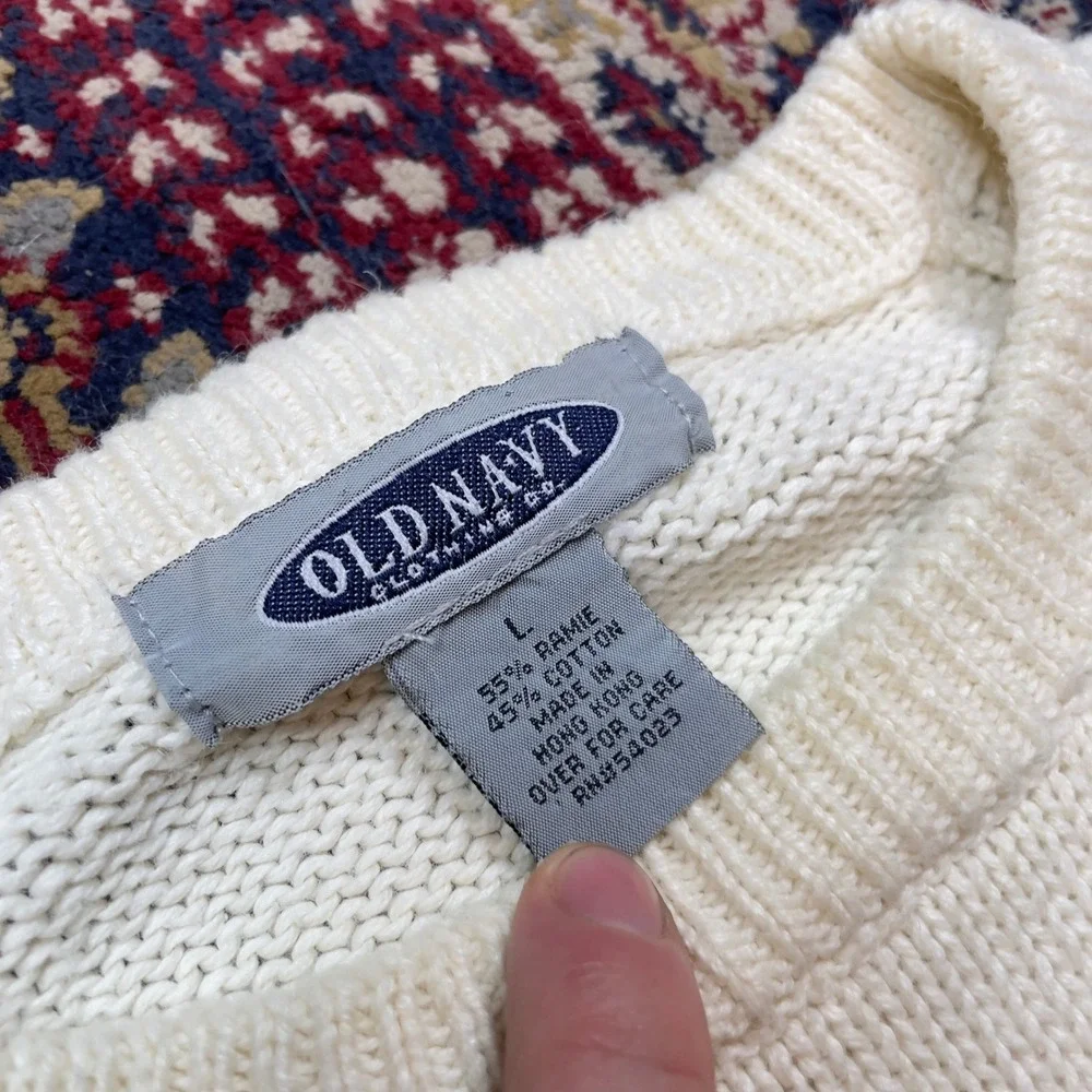 VTG 80s 90s Old Navy Clothing Co Mens Cream Striped Knit Sweater Crew Neck L‎